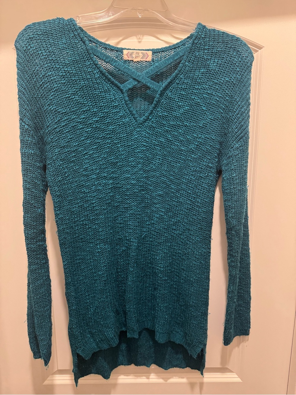 Pink Rose Teal Knit V-Neck Sweater with Crisscross Detail